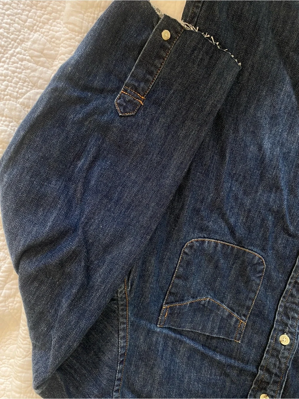 NWOT ORGANIC denim J.Crew Distressed Sleeve Denim Button Down Shirt Dark Wash